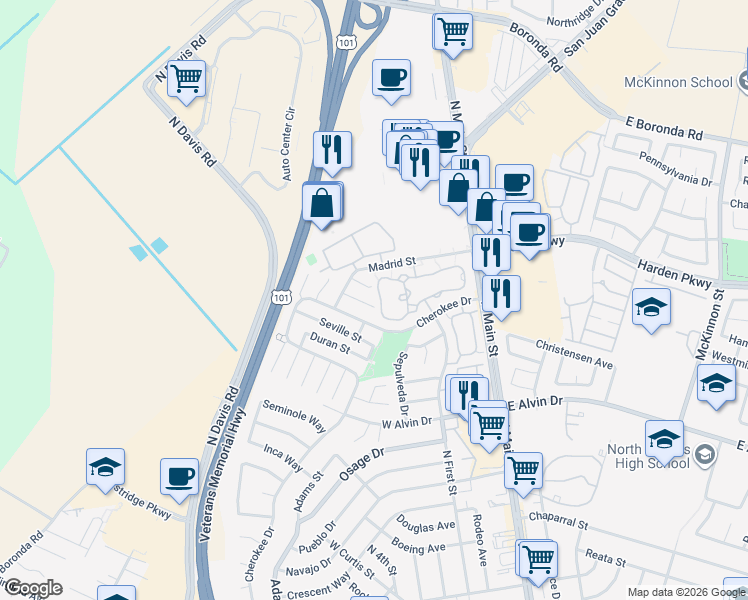 map of restaurants, bars, coffee shops, grocery stores, and more near 1744 Madrid Circle in Salinas