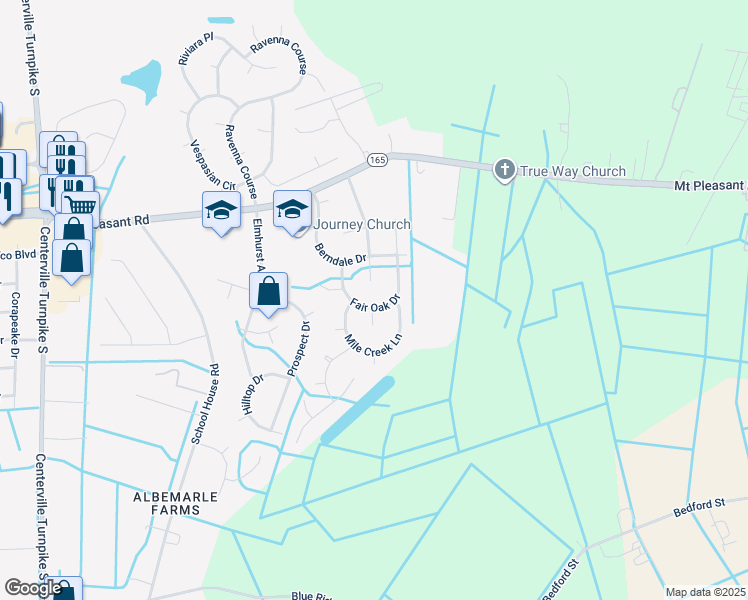 map of restaurants, bars, coffee shops, grocery stores, and more near 523 Fair Oak Drive in Chesapeake