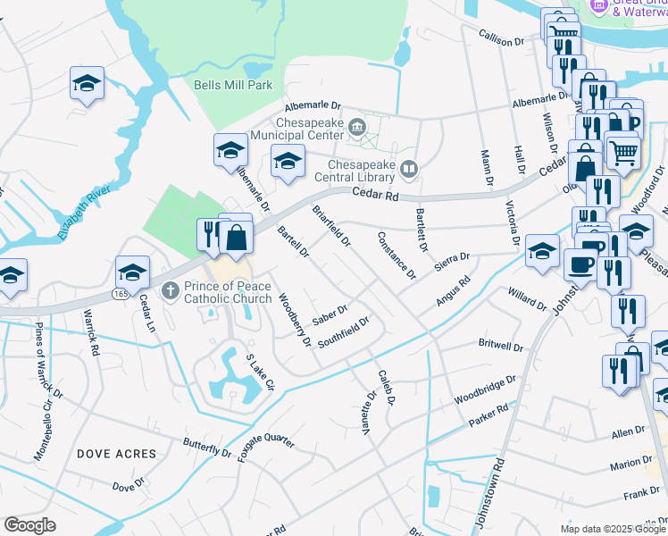 map of restaurants, bars, coffee shops, grocery stores, and more near 345 Bartell Drive in Chesapeake