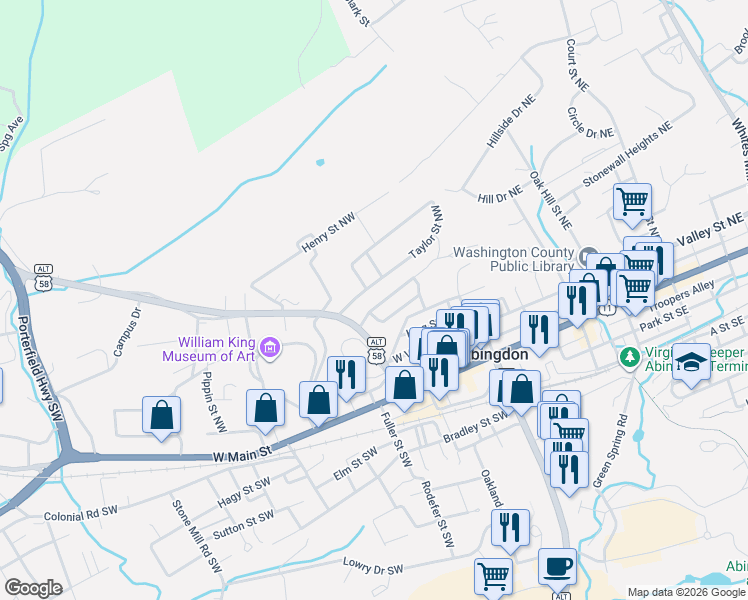 map of restaurants, bars, coffee shops, grocery stores, and more near 321 Leonard St NW in Abingdon