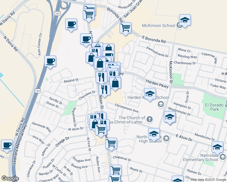 map of restaurants, bars, coffee shops, grocery stores, and more near 1524 North Main Street in Salinas