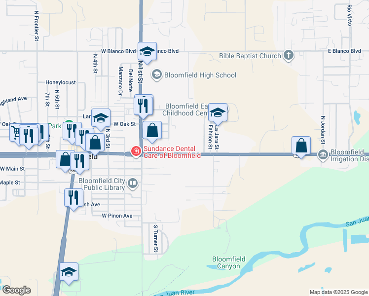 map of restaurants, bars, coffee shops, grocery stores, and more near 301-359 East Broadway Avenue in Bloomfield