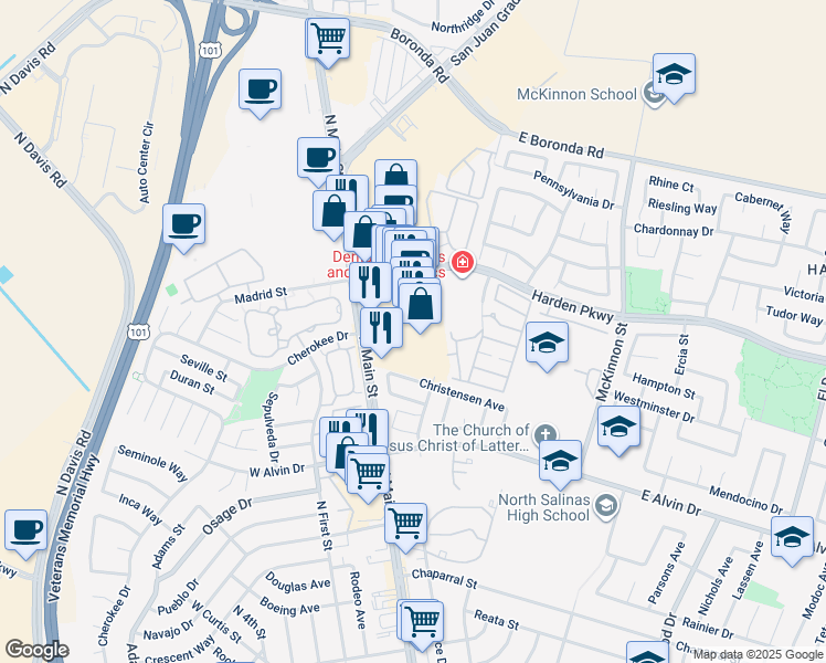 map of restaurants, bars, coffee shops, grocery stores, and more near 19 Christensen Avenue in Salinas