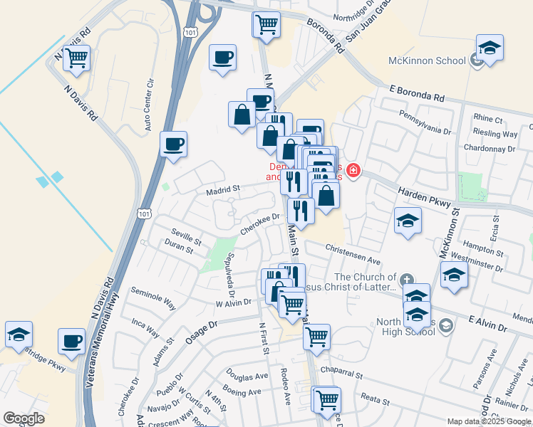 map of restaurants, bars, coffee shops, grocery stores, and more near 1824 Cherokee Drive in Salinas