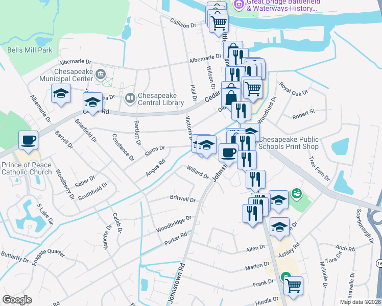 map of restaurants, bars, coffee shops, grocery stores, and more near 217 Willard Drive in Chesapeake