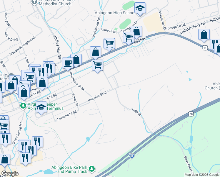 map of restaurants, bars, coffee shops, grocery stores, and more near 501-507 County Road 793 in Abingdon
