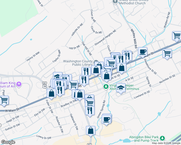 map of restaurants, bars, coffee shops, grocery stores, and more near 123 W Main St in Abingdon