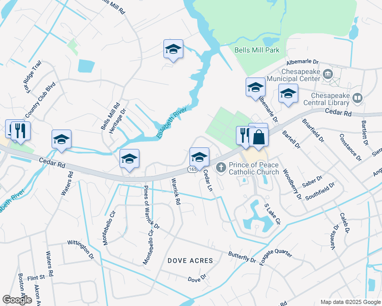 map of restaurants, bars, coffee shops, grocery stores, and more near 629 Mill Landing Road in Chesapeake