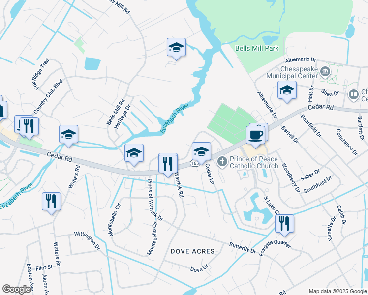 map of restaurants, bars, coffee shops, grocery stores, and more near 207 Marshwood Court in Chesapeake