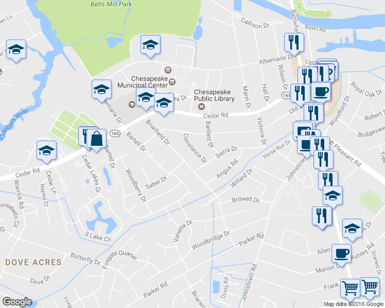 map of restaurants, bars, coffee shops, grocery stores, and more near 312 Constance Drive in Chesapeake