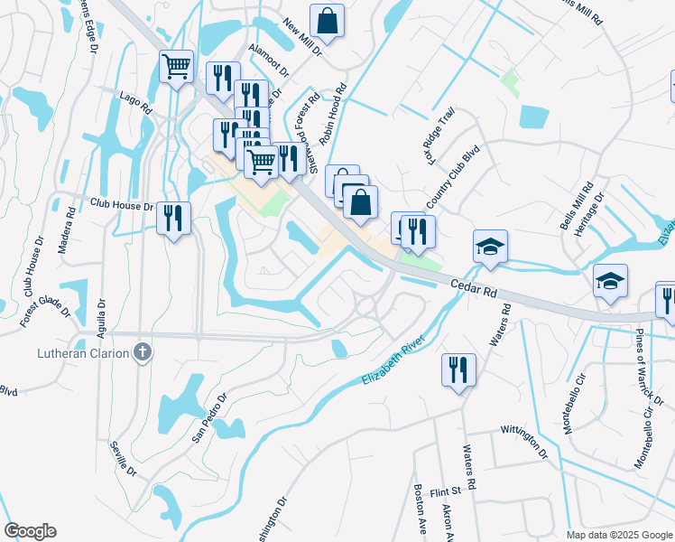 map of restaurants, bars, coffee shops, grocery stores, and more near 354 San Roman Drive in Chesapeake