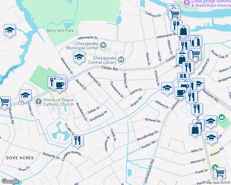 map of restaurants, bars, coffee shops, grocery stores, and more near 312 Constance Drive in Chesapeake