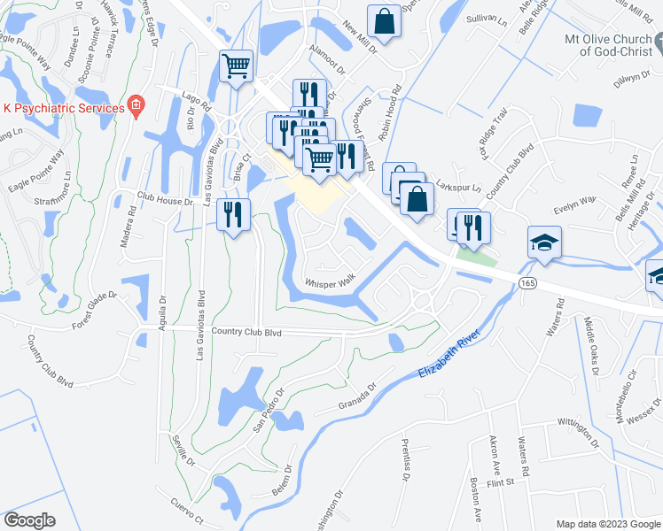 map of restaurants, bars, coffee shops, grocery stores, and more near 500 Landmark Court in Chesapeake