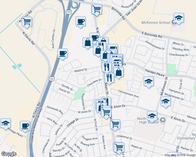 map of restaurants, bars, coffee shops, grocery stores, and more near 1797 Cherokee Drive in Salinas