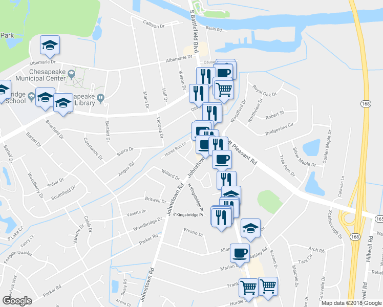 map of restaurants, bars, coffee shops, grocery stores, and more near 335 Nottingham Drive in Chesapeake