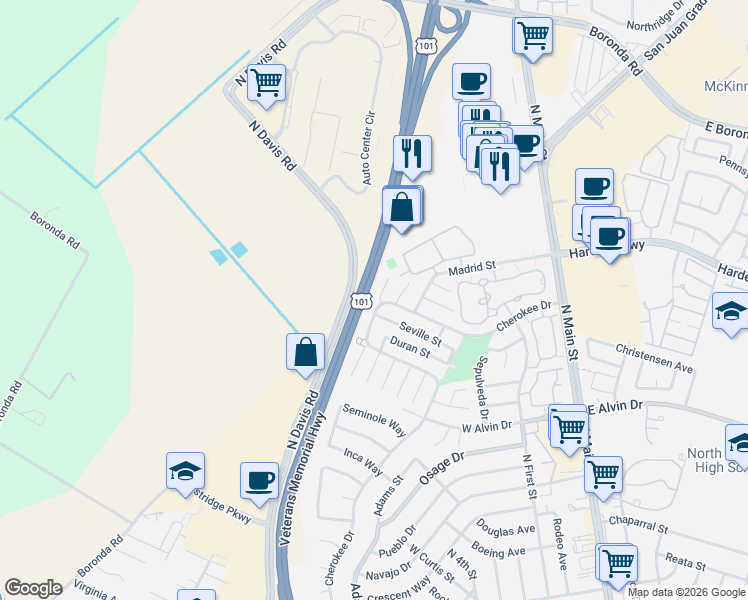 map of restaurants, bars, coffee shops, grocery stores, and more near 1605 Cherokee Drive in Salinas