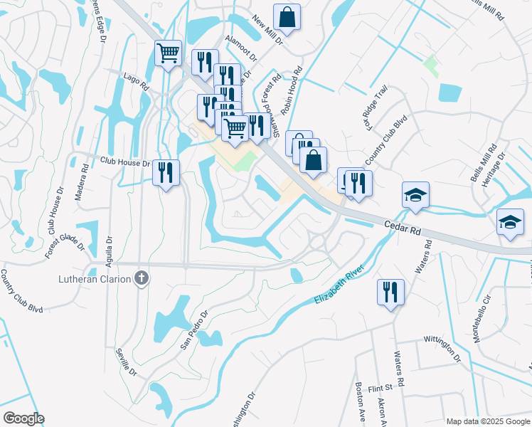 map of restaurants, bars, coffee shops, grocery stores, and more near 408 Whisper Walk in Chesapeake