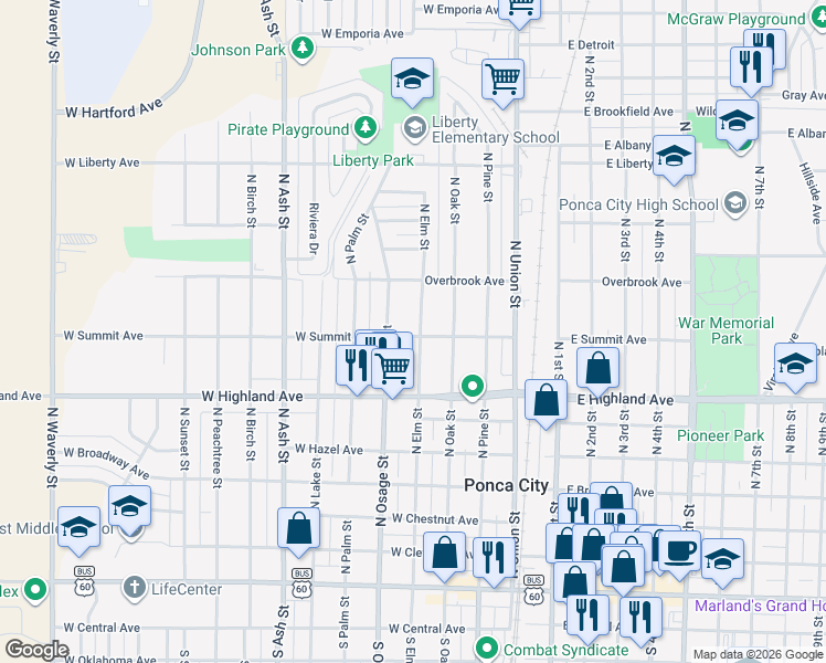 map of restaurants, bars, coffee shops, grocery stores, and more near 820 North Elm Street in Ponca City