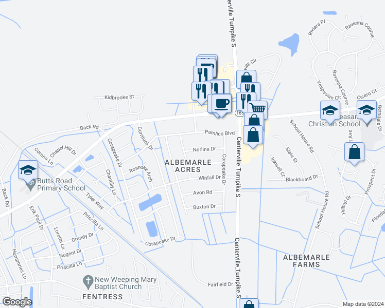 map of restaurants, bars, coffee shops, grocery stores, and more near 1405 Norlina Drive in Chesapeake