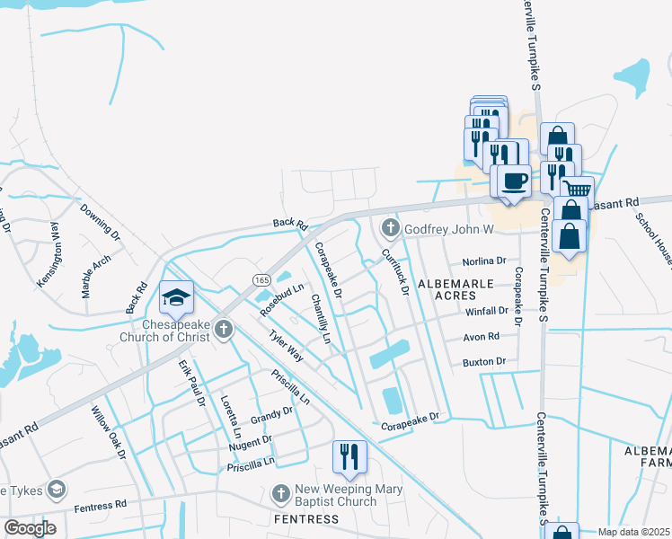 map of restaurants, bars, coffee shops, grocery stores, and more near 728 Corapeake Drive in Chesapeake