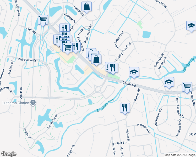 map of restaurants, bars, coffee shops, grocery stores, and more near 320 San Roman Drive in Chesapeake