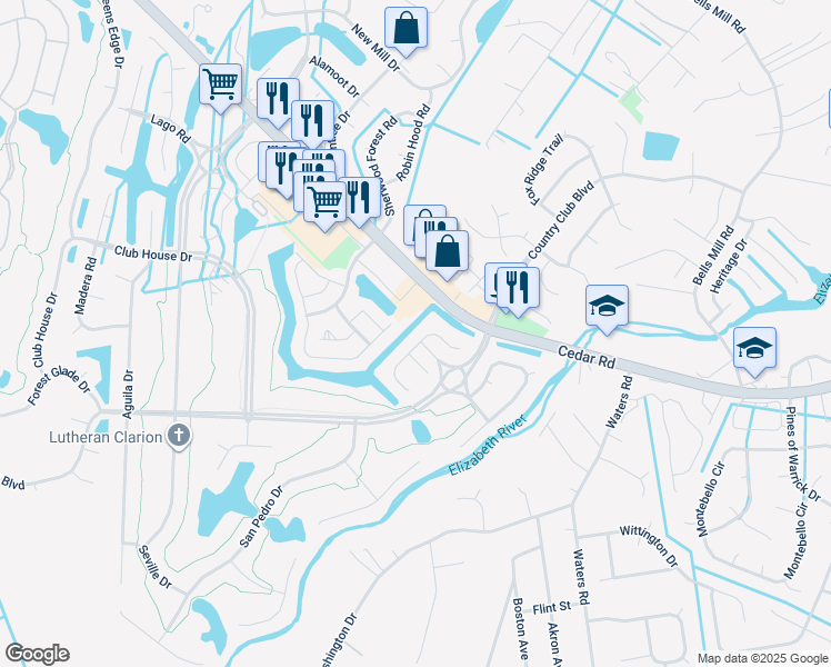 map of restaurants, bars, coffee shops, grocery stores, and more near 354 San Roman Drive in Chesapeake