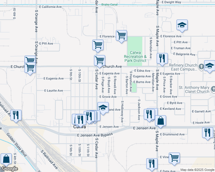 map of restaurants, bars, coffee shops, grocery stores, and more near 2443 South Boyd Avenue in Fresno