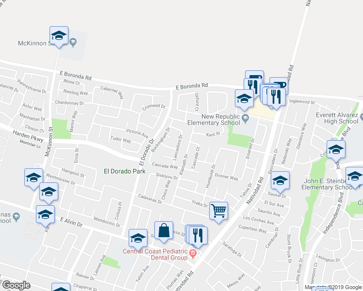 map of restaurants, bars, coffee shops, grocery stores, and more near 1773 Klamath Drive in Salinas