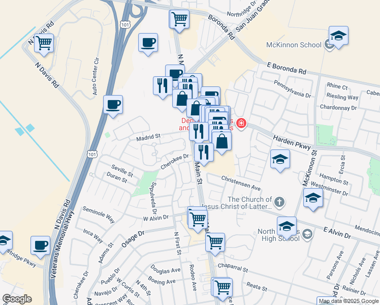 map of restaurants, bars, coffee shops, grocery stores, and more near 1807 Cherokee Drive in Salinas