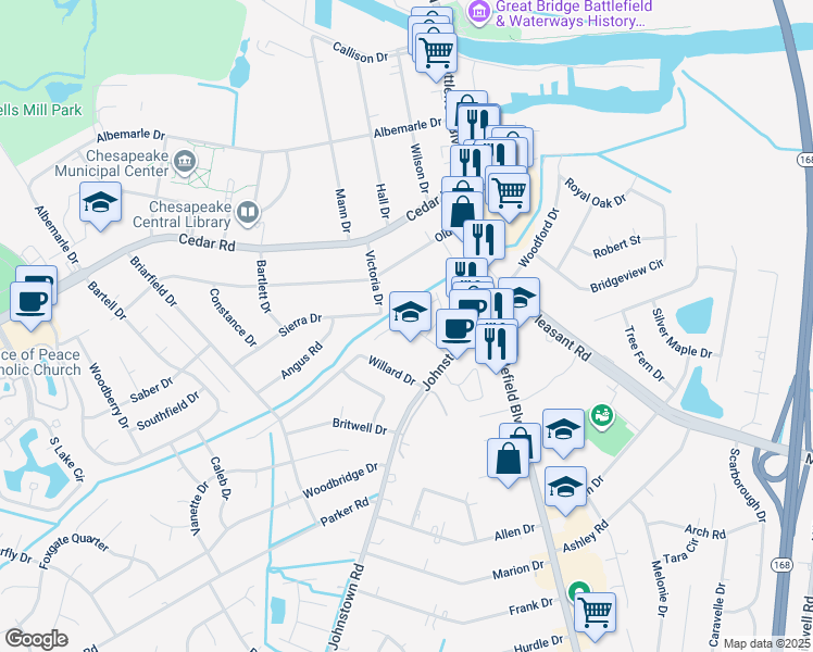 map of restaurants, bars, coffee shops, grocery stores, and more near 129 Horse Run Drive in Chesapeake