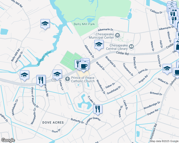 map of restaurants, bars, coffee shops, grocery stores, and more near 565 Cedar Road in Chesapeake