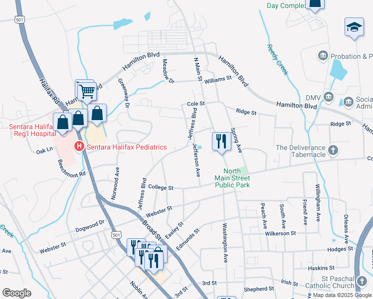 map of restaurants, bars, coffee shops, grocery stores, and more near 1907 Jeffress Boulevard in South Boston