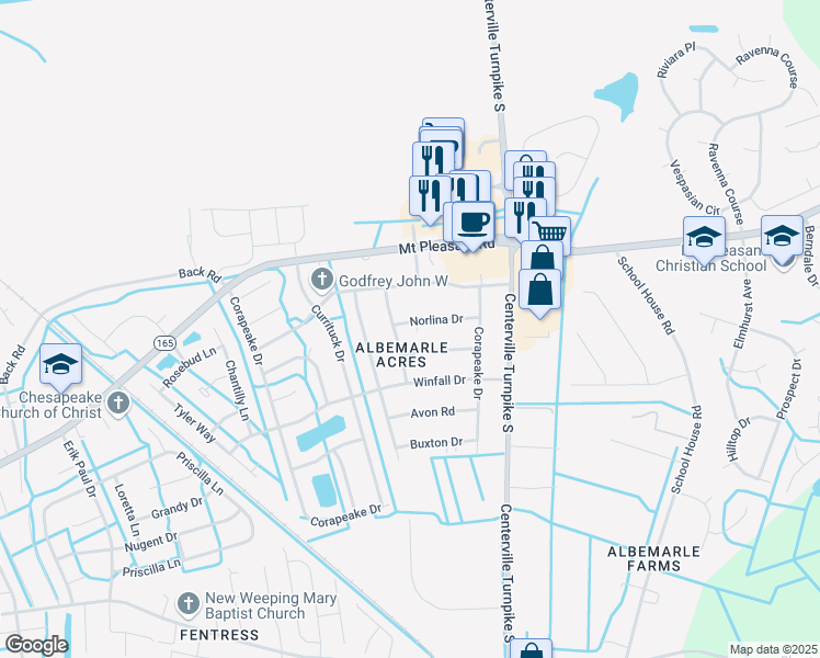 map of restaurants, bars, coffee shops, grocery stores, and more near 1405 Norlina Drive in Chesapeake