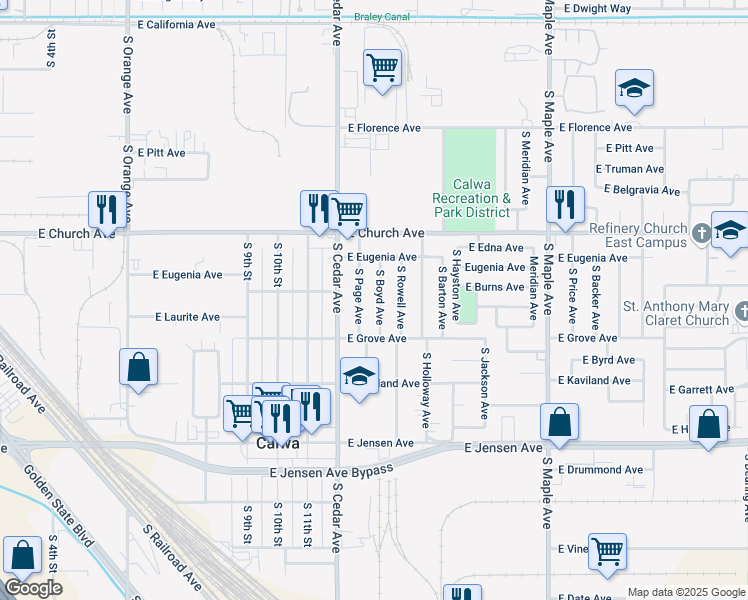 map of restaurants, bars, coffee shops, grocery stores, and more near 2443 South Boyd Avenue in Fresno