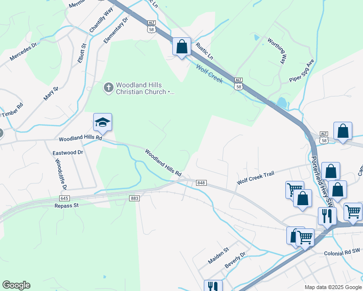 map of restaurants, bars, coffee shops, grocery stores, and more near 20157 Woodland Hills Road in Abingdon