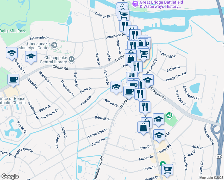 map of restaurants, bars, coffee shops, grocery stores, and more near 136 Horse Run Drive in Chesapeake