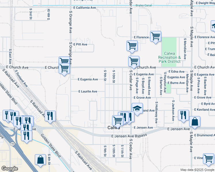 map of restaurants, bars, coffee shops, grocery stores, and more near 2443 South 9th Street in Fresno