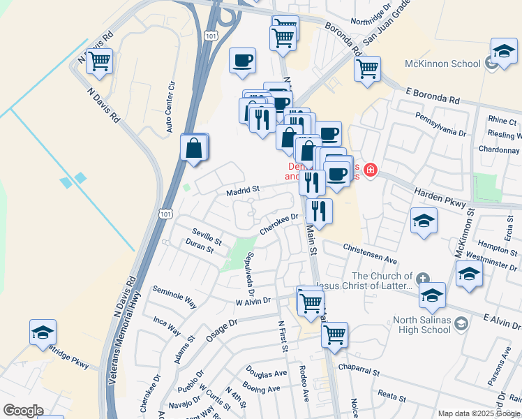 map of restaurants, bars, coffee shops, grocery stores, and more near 1839 Cherokee Drive in Salinas