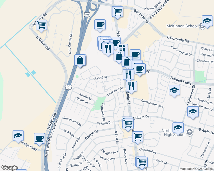 map of restaurants, bars, coffee shops, grocery stores, and more near 1839 Cherokee Drive in Salinas