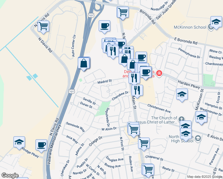 map of restaurants, bars, coffee shops, grocery stores, and more near 1839 Cherokee Drive in Salinas
