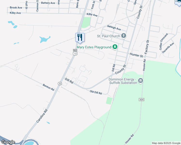 map of restaurants, bars, coffee shops, grocery stores, and more near 116 Nancy Drive in Suffolk