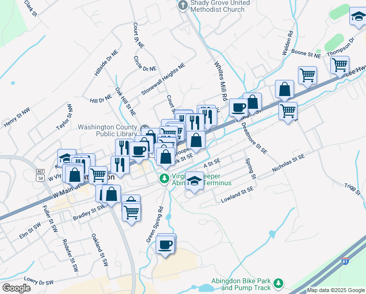 map of restaurants, bars, coffee shops, grocery stores, and more near 179 East Main Street in Abingdon
