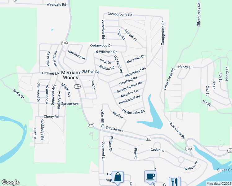 map of restaurants, bars, coffee shops, grocery stores, and more near 1006 Deerfield Road in Merriam Woods