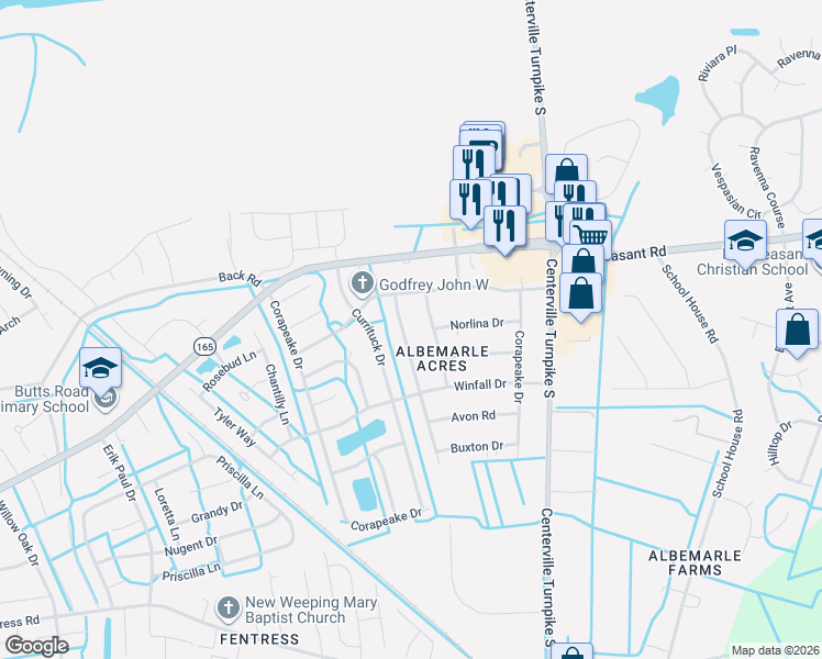 map of restaurants, bars, coffee shops, grocery stores, and more near 417 Fairfield Drive in Chesapeake