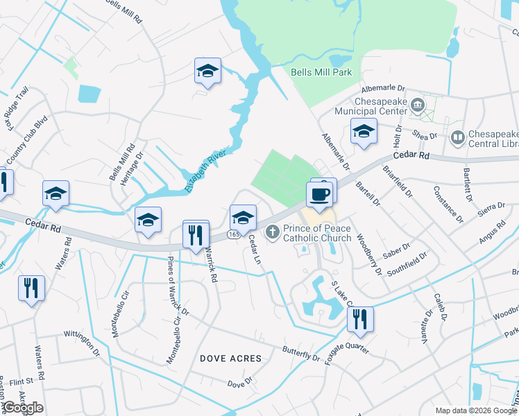 map of restaurants, bars, coffee shops, grocery stores, and more near 609 Sedgefield Court in Chesapeake