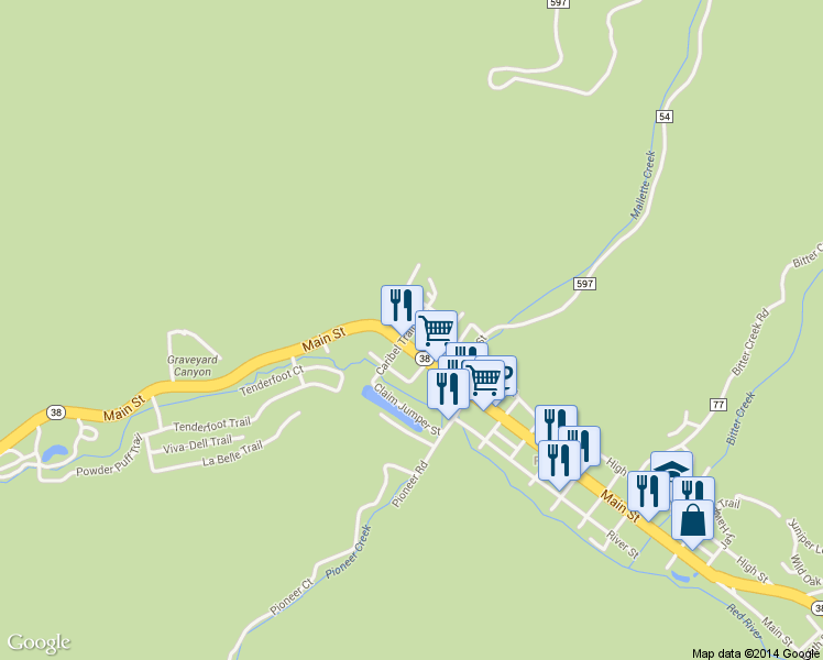 map of restaurants, bars, coffee shops, grocery stores, and more near Caribel Trail in Red River