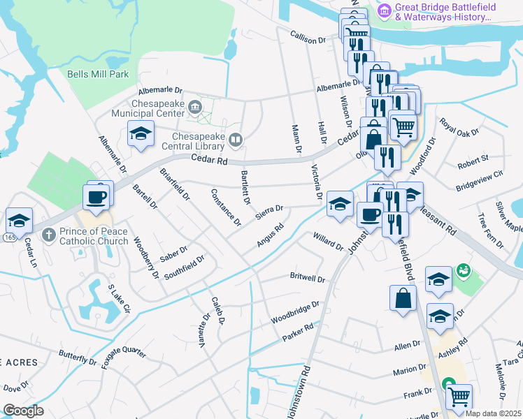 map of restaurants, bars, coffee shops, grocery stores, and more near 309 Bartlett Drive in Chesapeake