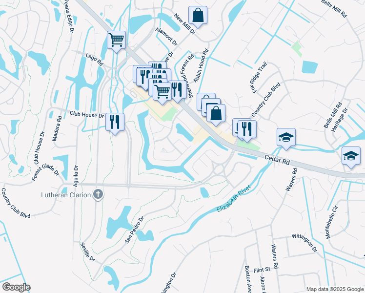 map of restaurants, bars, coffee shops, grocery stores, and more near 902 Summerfield Crescent in Chesapeake