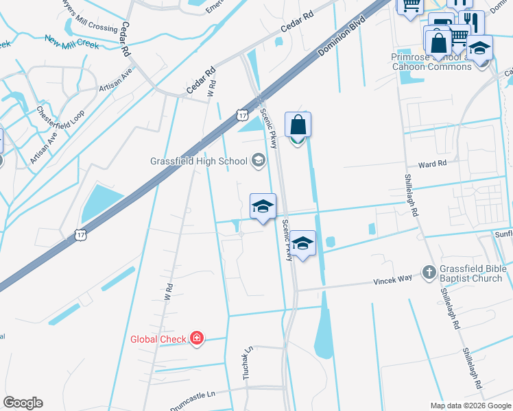 map of restaurants, bars, coffee shops, grocery stores, and more near 2007 Scenic Parkway in Chesapeake
