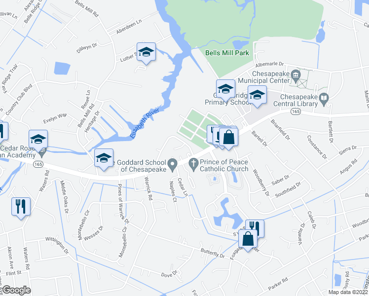 map of restaurants, bars, coffee shops, grocery stores, and more near 605 Sedgefield Court in Chesapeake